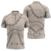 Beige Aloha Hawaii Shell Lei Zipper Polo Shirt Palaka Hebrew Cone Honey Cowrie Elegant Curves - Polynesian Pride