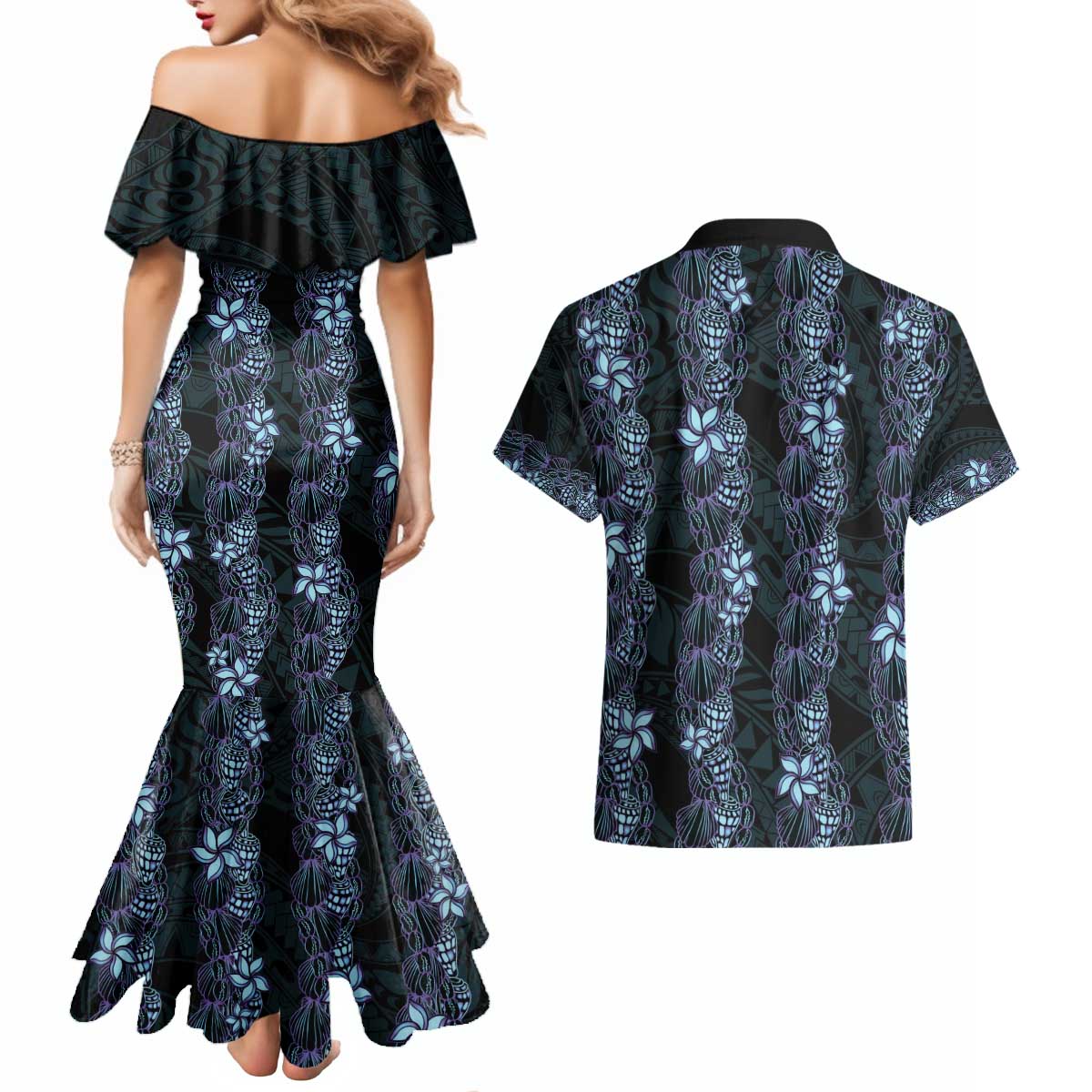 Purple Paradise Hawaii Shell Lei Couples Matching Mermaid Dress and Hawaiian Shirt Hawaiian Sunrise Shell Hebrew Cone Plumeria - Polynesian Pride