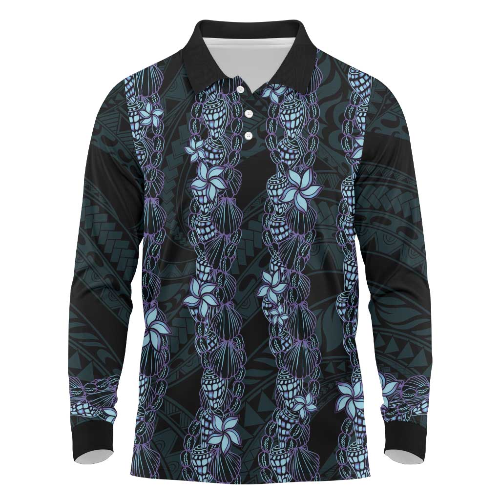 Purple Paradise Hawaii Shell Lei Long Sleeve Polo Shirt Hawaiian Sunrise Shell Hebrew Cone Plumeria - Polynesian Pride