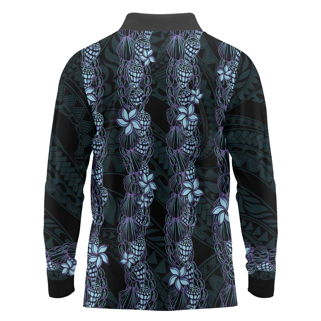 Purple Paradise Hawaii Shell Lei Long Sleeve Polo Shirt Hawaiian Sunrise Shell Hebrew Cone Plumeria - Polynesian Pride