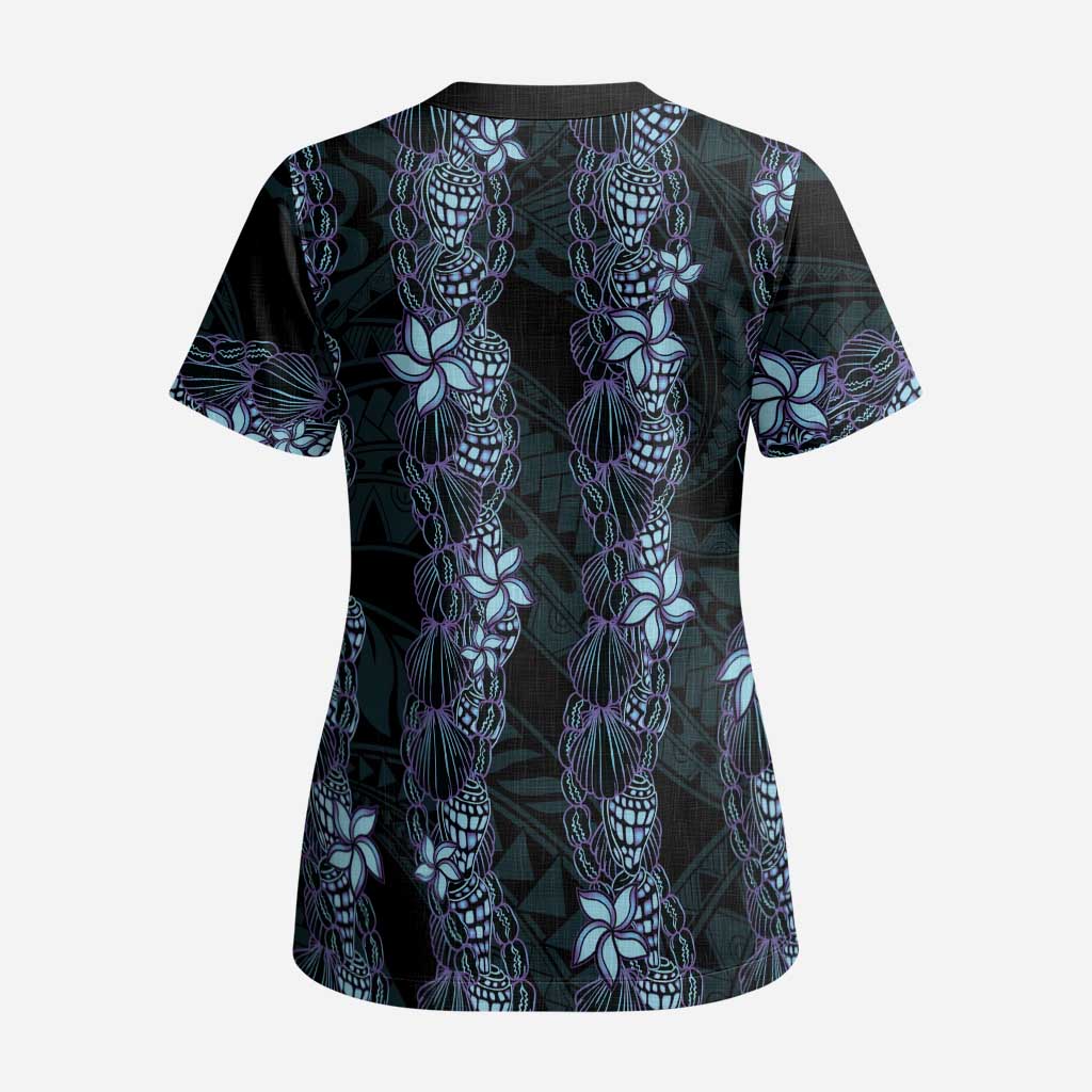 Purple Paradise Hawaii Shell Lei Scrub Top Hawaiian Sunrise Shell Hebrew Cone Plumeria - Polynesian Pride