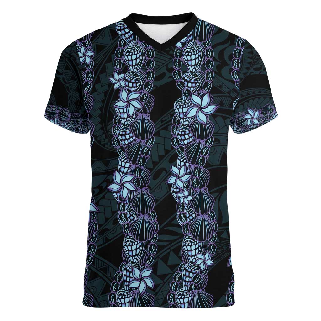 Purple Paradise Hawaii Shell Lei Women V-Neck T-Shirt Hawaiian Sunrise Shell Hebrew Cone Plumeria - Polynesian Pride