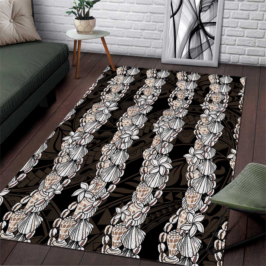 Black and Beige Hawaii Shell Lei Area Rug Hawaiian Sunrise Shell Hebrew Cone Plumeria - Polynesian Pride