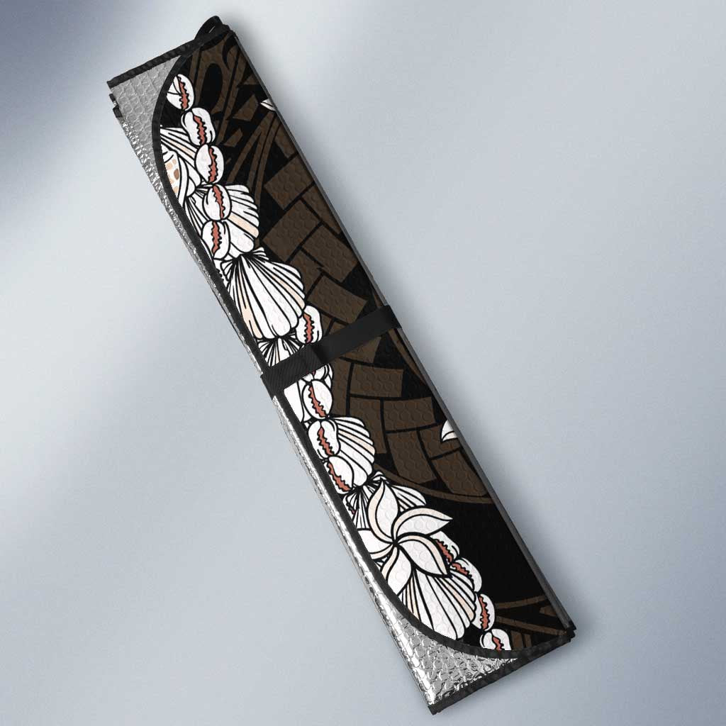 Black and Beige Hawaii Shell Lei Auto Sun Shade Hawaiian Sunrise Shell Hebrew Cone Plumeria - Polynesian Pride