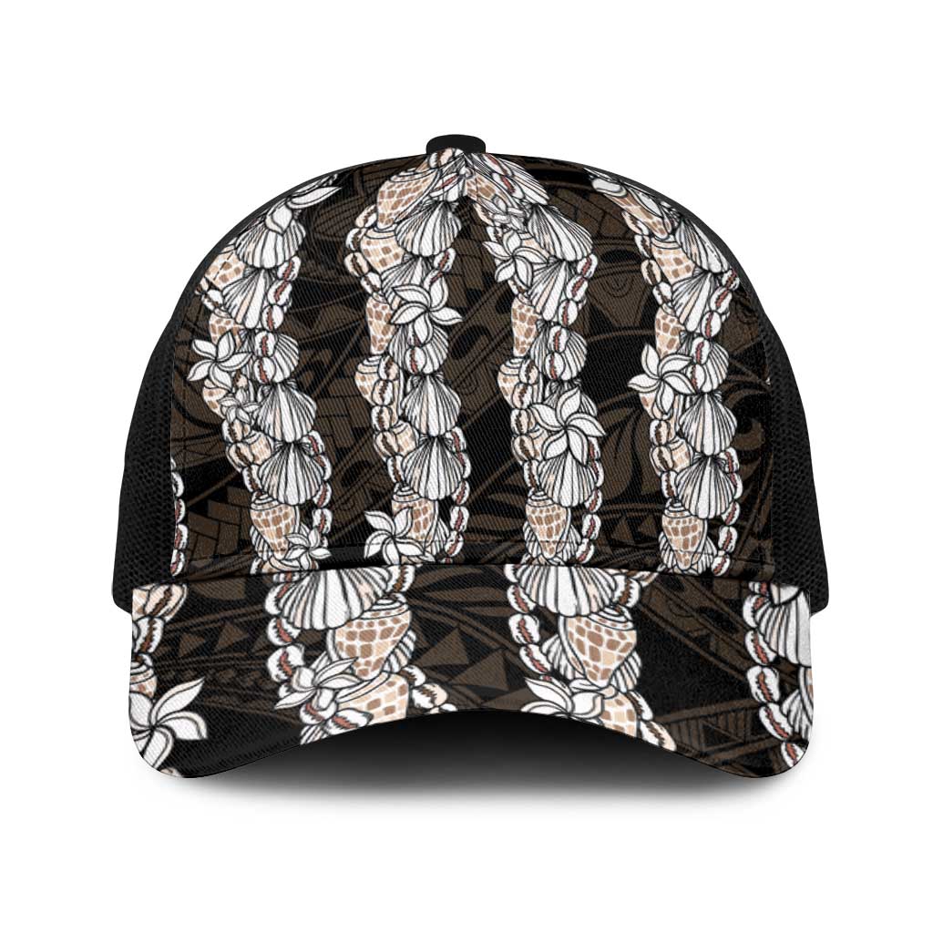 Black and Beige Hawaii Shell Lei Baseball Net Cap Hawaiian Sunrise Shell Hebrew Cone Plumeria - Polynesian Pride