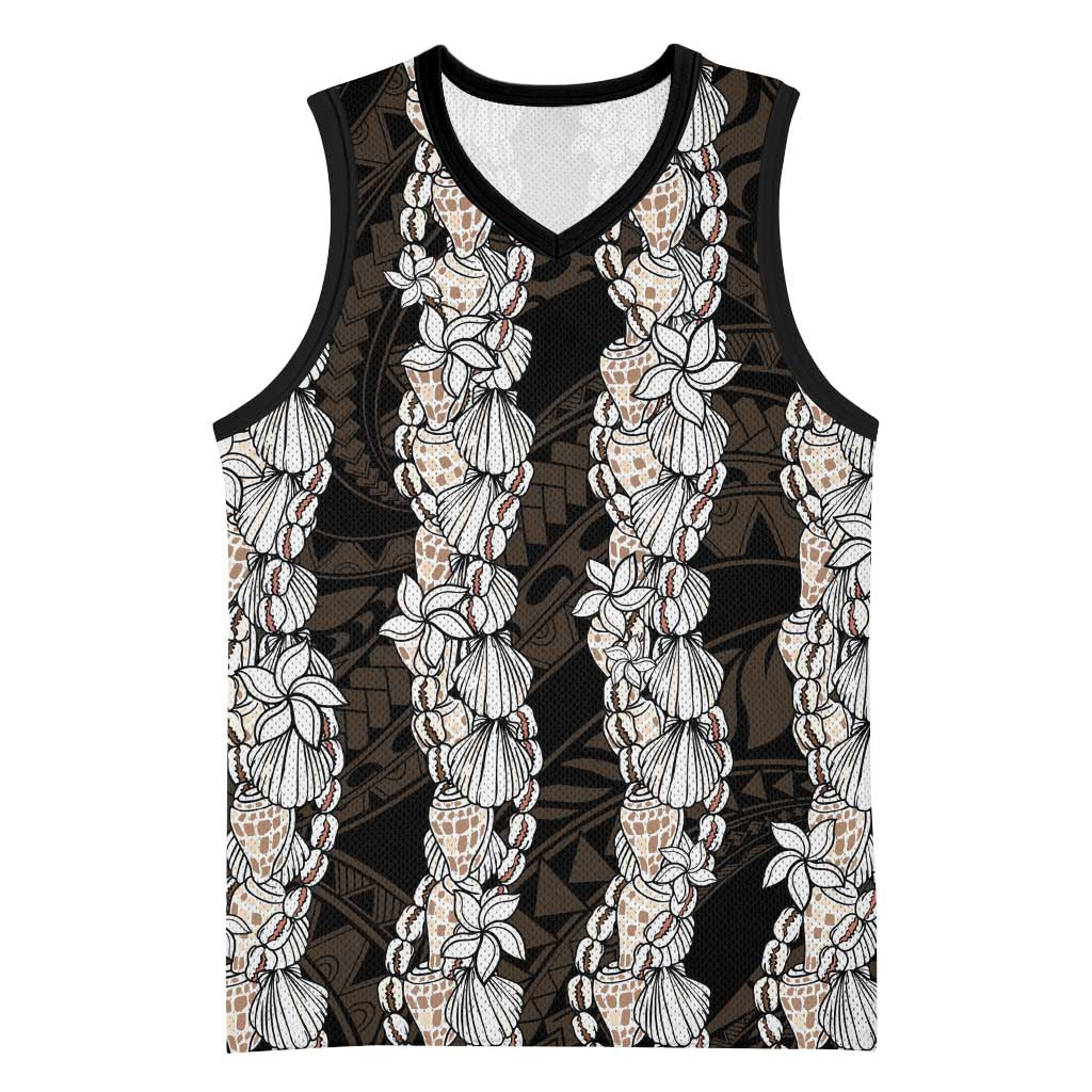 Black and Beige Hawaii Shell Lei Basketball Jersey Hawaiian Sunrise Shell Hebrew Cone Plumeria - Polynesian Pride