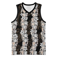 Black and Beige Hawaii Shell Lei Basketball Jersey Hawaiian Sunrise Shell Hebrew Cone Plumeria - Polynesian Pride