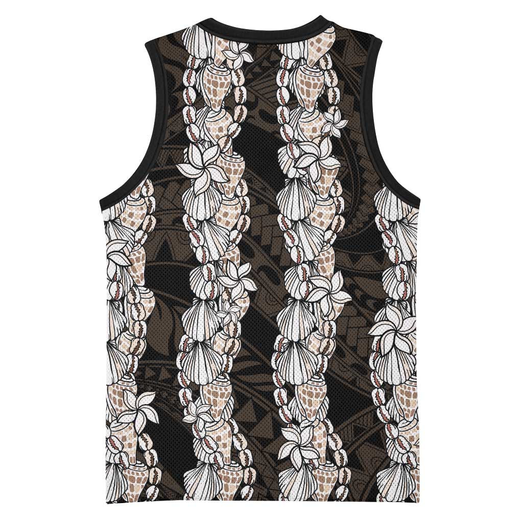 Black and Beige Hawaii Shell Lei Basketball Jersey Hawaiian Sunrise Shell Hebrew Cone Plumeria - Polynesian Pride
