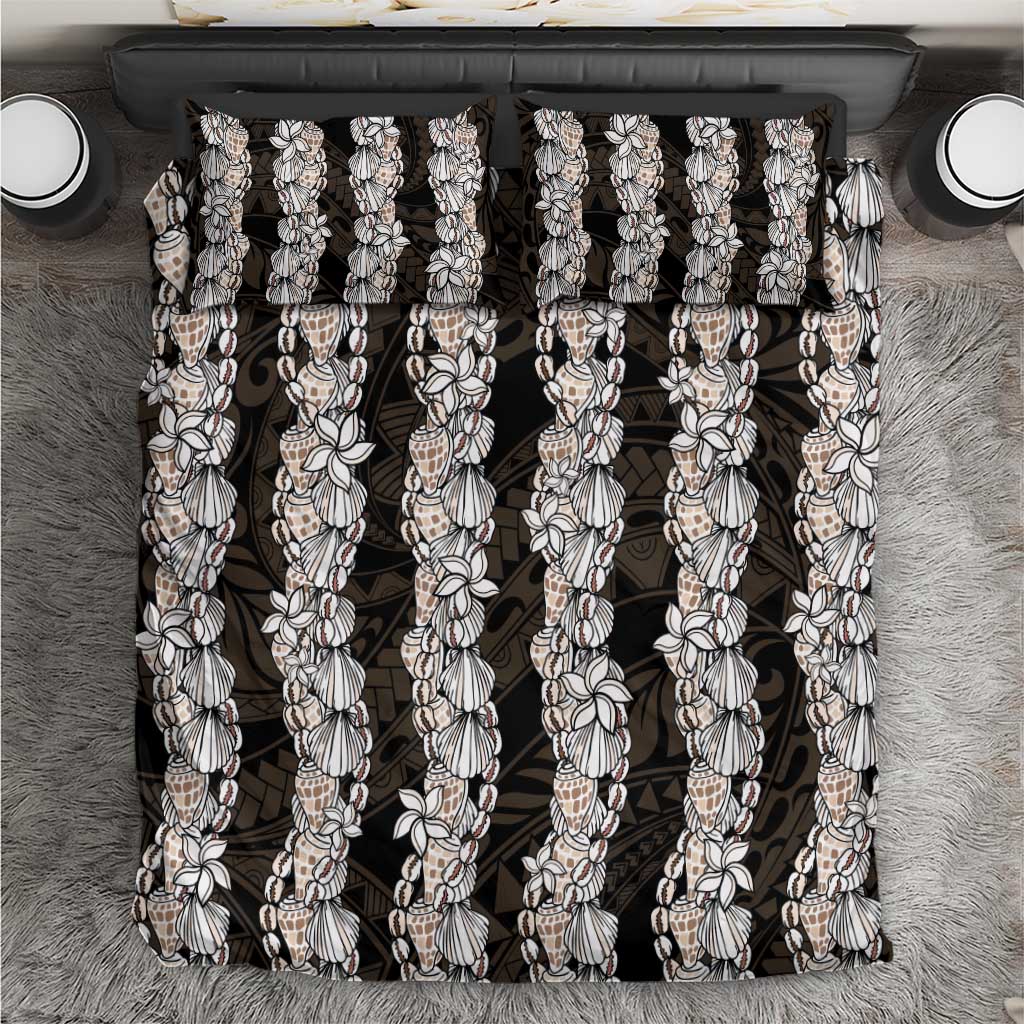 Black and Beige Hawaii Shell Lei Bedding Set Hawaiian Sunrise Shell Hebrew Cone Plumeria - Polynesian Pride