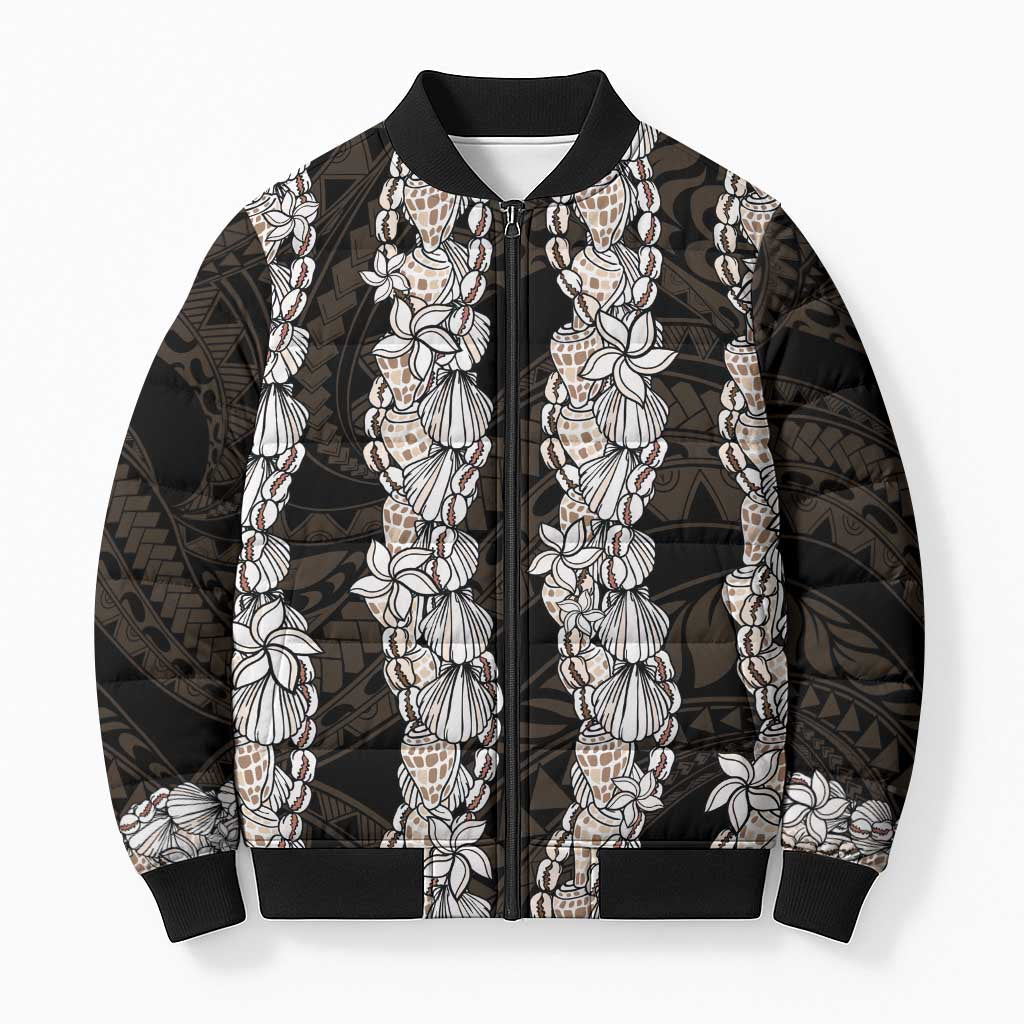 Black and Beige Hawaii Shell Lei Bomber Puffer Jacket Hawaiian Sunrise Shell Hebrew Cone Plumeria - Polynesian Pride
