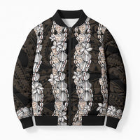 Black and Beige Hawaii Shell Lei Bomber Puffer Jacket Hawaiian Sunrise Shell Hebrew Cone Plumeria - Polynesian Pride