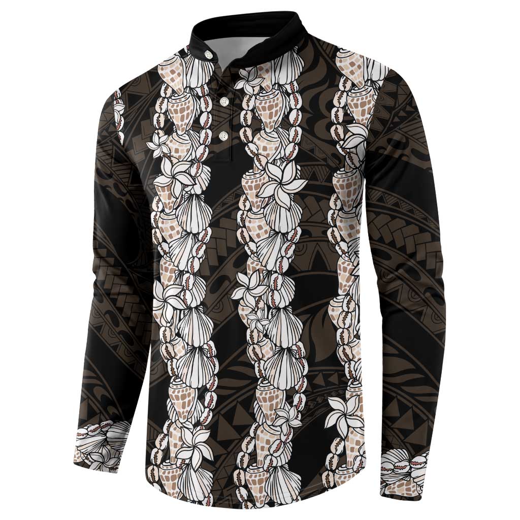 Black and Beige Hawaii Shell Lei Button Sweatshirt Hawaiian Sunrise Shell Hebrew Cone Plumeria - Polynesian Pride
