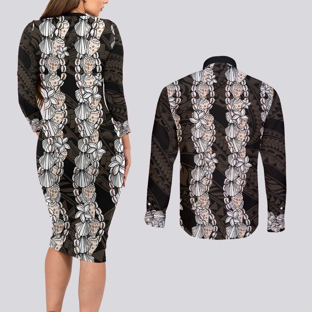 Black and Beige Hawaii Shell Lei Couples Matching Long Sleeve Bodycon Dress and Long Sleeve Button Shirt Hawaiian Sunrise Shell Hebrew Cone Plumeria - Polynesian Pride