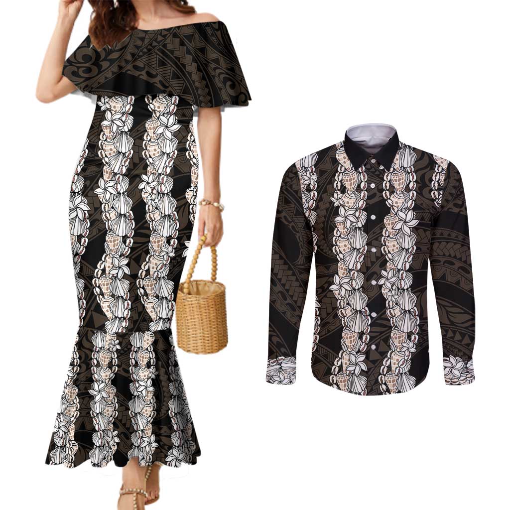 Black and Beige Hawaii Shell Lei Couples Matching Mermaid Dress and Long Sleeve Button Shirt Hawaiian Sunrise Shell Hebrew Cone Plumeria - Polynesian Pride