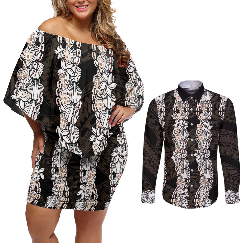 Black and Beige Hawaii Shell Lei Couples Matching Off Shoulder Short Dress and Long Sleeve Button Shirt Hawaiian Sunrise Shell Hebrew Cone Plumeria - Polynesian Pride