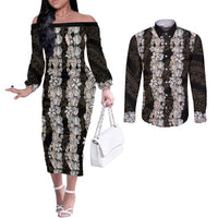 Black and Beige Hawaii Shell Lei Couples Matching Off The Shoulder Long Sleeve Dress and Long Sleeve Button Shirt Hawaiian Sunrise Shell Hebrew Cone Plumeria - Polynesian Pride