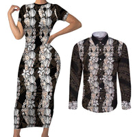 Black and Beige Hawaii Shell Lei Couples Matching Short Sleeve Bodycon Dress and Long Sleeve Button Shirt Hawaiian Sunrise Shell Hebrew Cone Plumeria - Polynesian Pride
