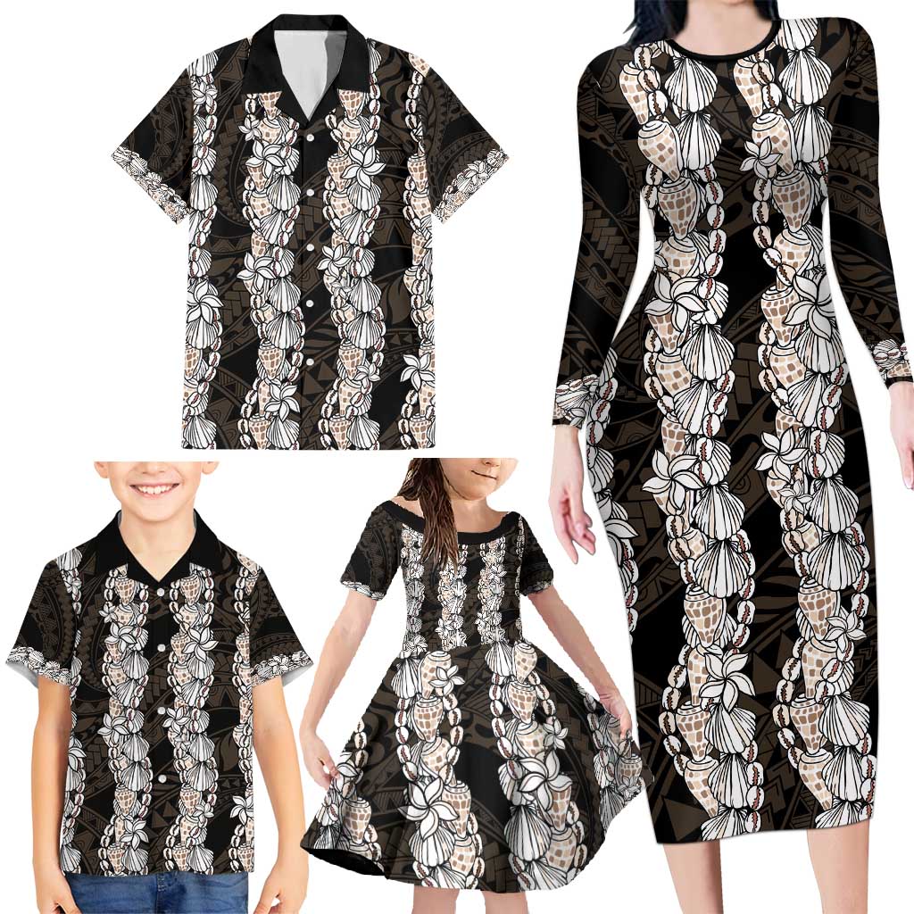 Black and Beige Hawaii Shell Lei Family Matching Long Sleeve Bodycon Dress and Hawaiian Shirt Hawaiian Sunrise Shell Hebrew Cone Plumeria - Polynesian Pride