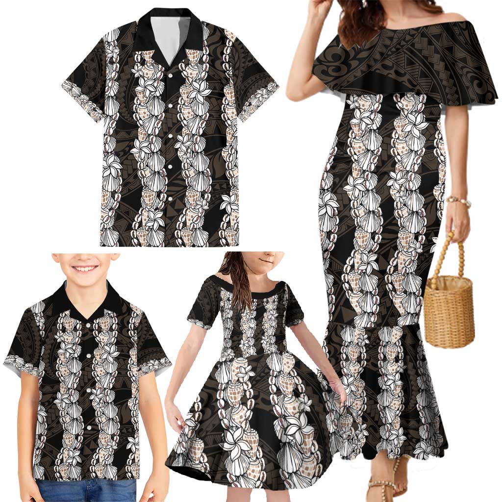 Black and Beige Hawaii Shell Lei Family Matching Mermaid Dress and Hawaiian Shirt Hawaiian Sunrise Shell Hebrew Cone Plumeria - Polynesian Pride