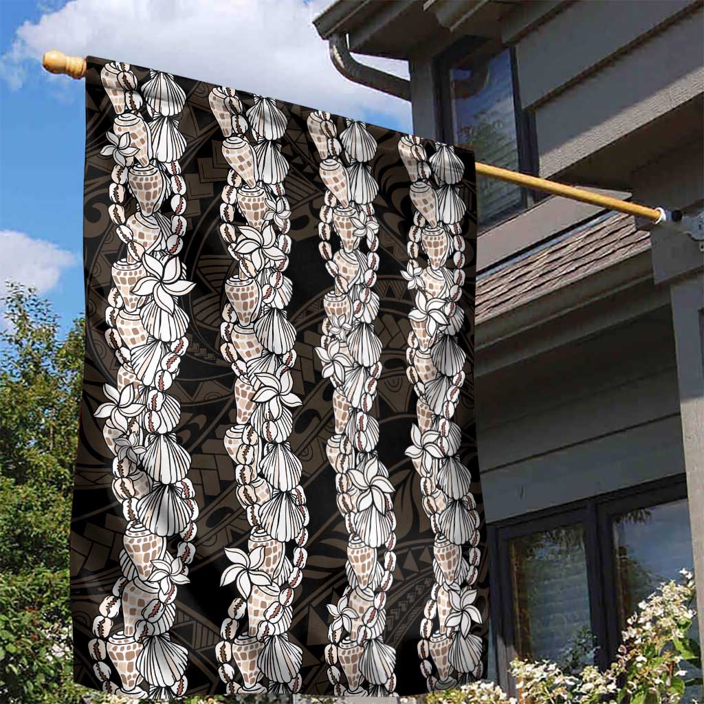 Black and Beige Hawaii Shell Lei Garden Flag Hawaiian Sunrise Shell Hebrew Cone Plumeria - Polynesian Pride