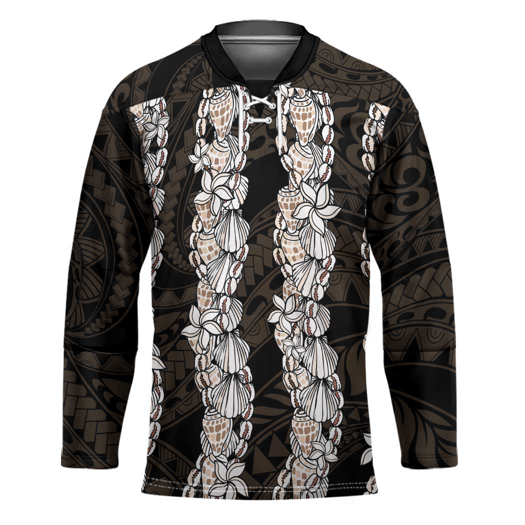 Black and Beige Hawaii Shell Lei Hockey Jersey Hawaiian Sunrise Shell Hebrew Cone Plumeria - Polynesian Pride