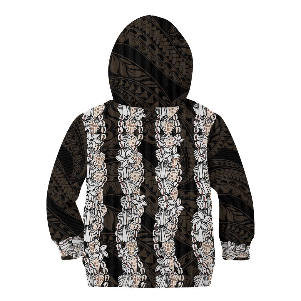 Black and Beige Hawaii Shell Lei Kid Hoodie Hawaiian Sunrise Shell Hebrew Cone Plumeria - Polynesian Pride