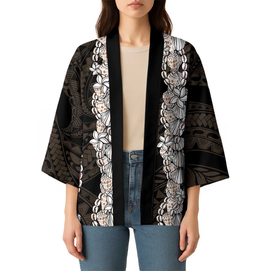 Black and Beige Hawaii Shell Lei Kimono Hawaiian Sunrise Shell Hebrew Cone Plumeria - Polynesian Pride