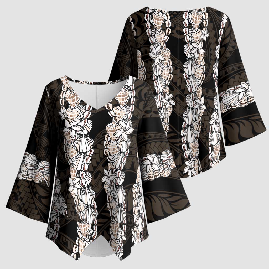 Black and Beige Hawaii Shell Lei Kimono Sleeve Blouse Hawaiian Sunrise Shell Hebrew Cone Plumeria - Polynesian Pride