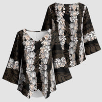 Black and Beige Hawaii Shell Lei Kimono Sleeve Blouse Hawaiian Sunrise Shell Hebrew Cone Plumeria - Polynesian Pride