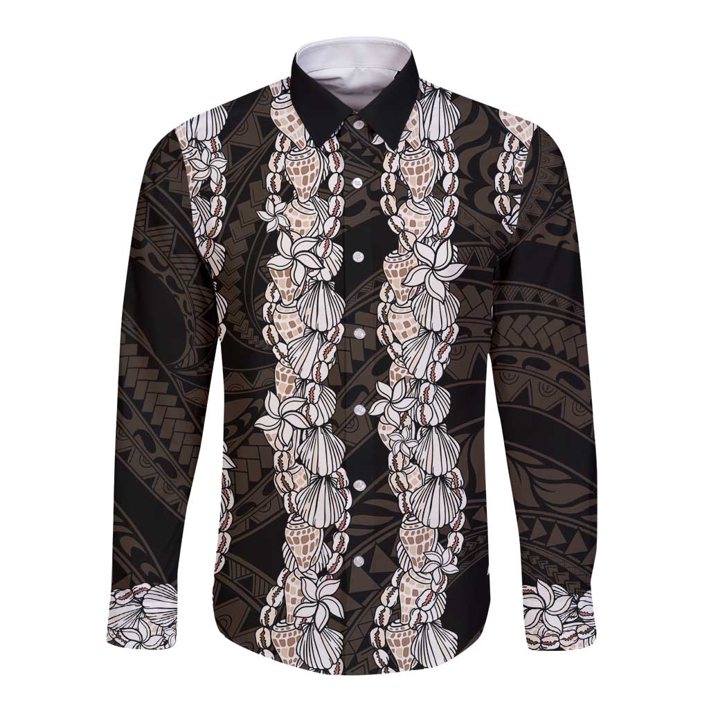 Black and Beige Hawaii Shell Lei Long Sleeve Button Shirt Hawaiian Sunrise Shell Hebrew Cone Plumeria - Polynesian Pride