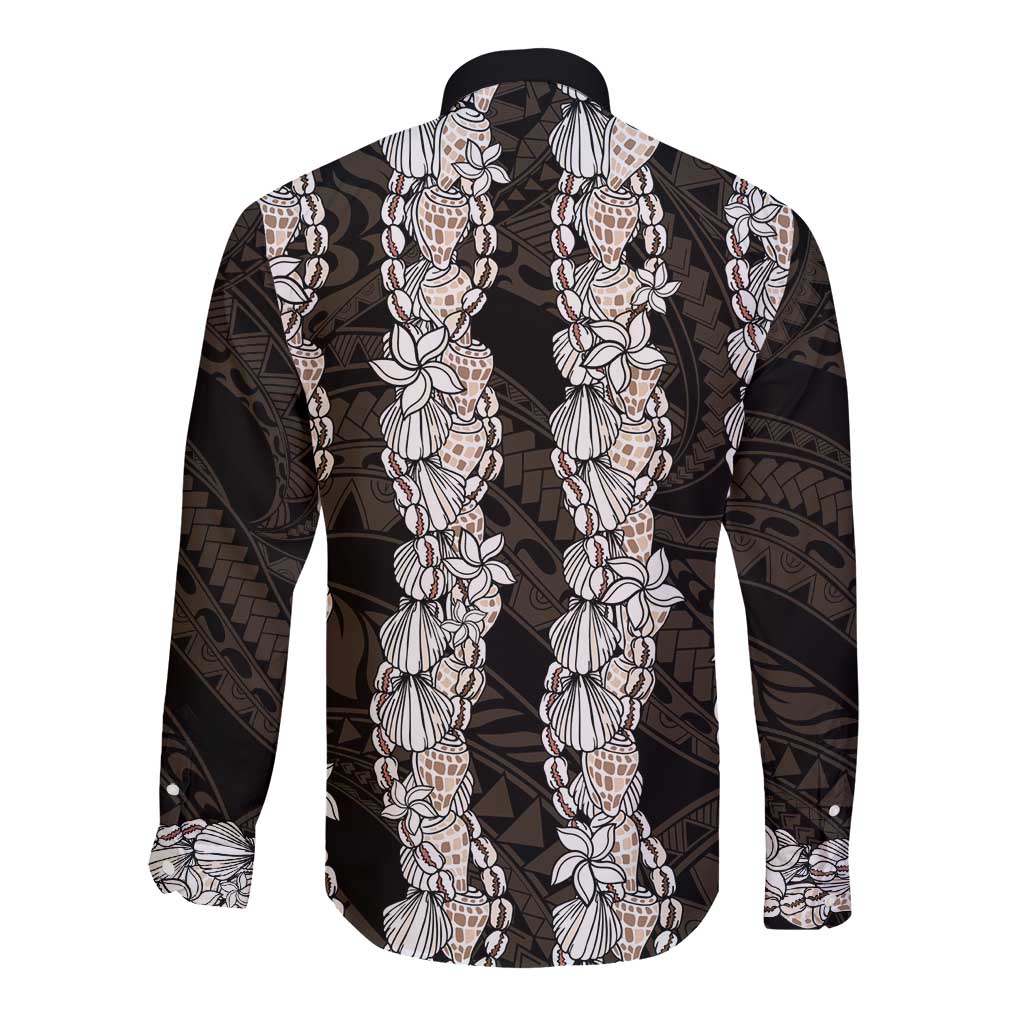 Black and Beige Hawaii Shell Lei Long Sleeve Button Shirt Hawaiian Sunrise Shell Hebrew Cone Plumeria - Polynesian Pride