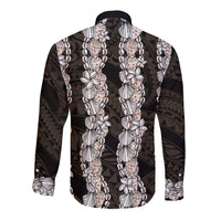 Black and Beige Hawaii Shell Lei Long Sleeve Button Shirt Hawaiian Sunrise Shell Hebrew Cone Plumeria - Polynesian Pride