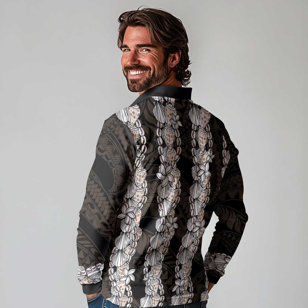 Black and Beige Hawaii Shell Lei Long Sleeve Polo Shirt Hawaiian Sunrise Shell Hebrew Cone Plumeria - Polynesian Pride