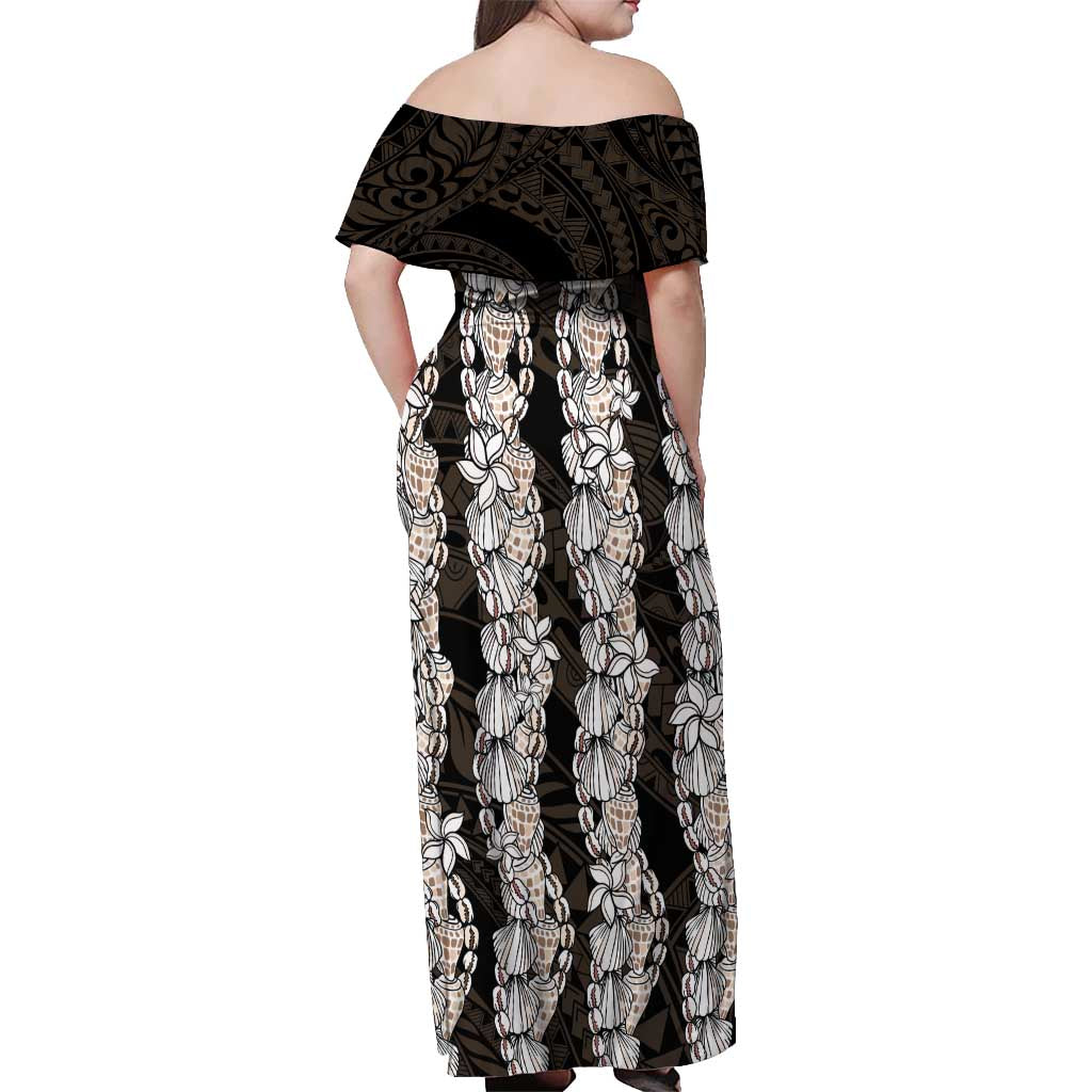 Black and Beige Hawaii Shell Lei Off Shoulder Maxi Dress Hawaiian Sunrise Shell Hebrew Cone Plumeria - Polynesian Pride