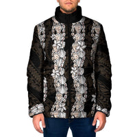 Black and Beige Hawaii Shell Lei Padded Jacket Hawaiian Sunrise Shell Hebrew Cone Plumeria - Polynesian Pride