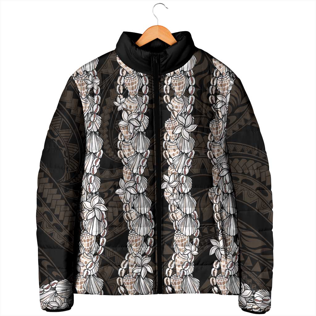 Black and Beige Hawaii Shell Lei Padded Jacket Hawaiian Sunrise Shell Hebrew Cone Plumeria - Polynesian Pride