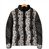 Black and Beige Hawaii Shell Lei Padded Jacket Hawaiian Sunrise Shell Hebrew Cone Plumeria - Polynesian Pride