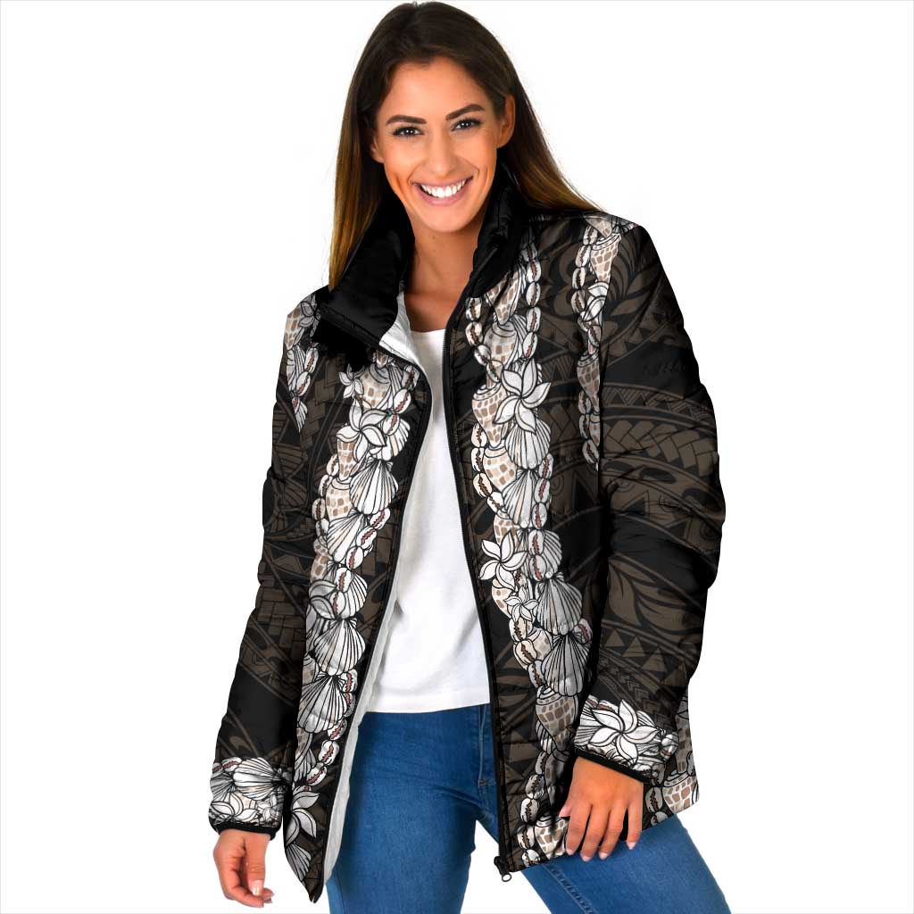 Black and Beige Hawaii Shell Lei Padded Jacket Hawaiian Sunrise Shell Hebrew Cone Plumeria - Polynesian Pride
