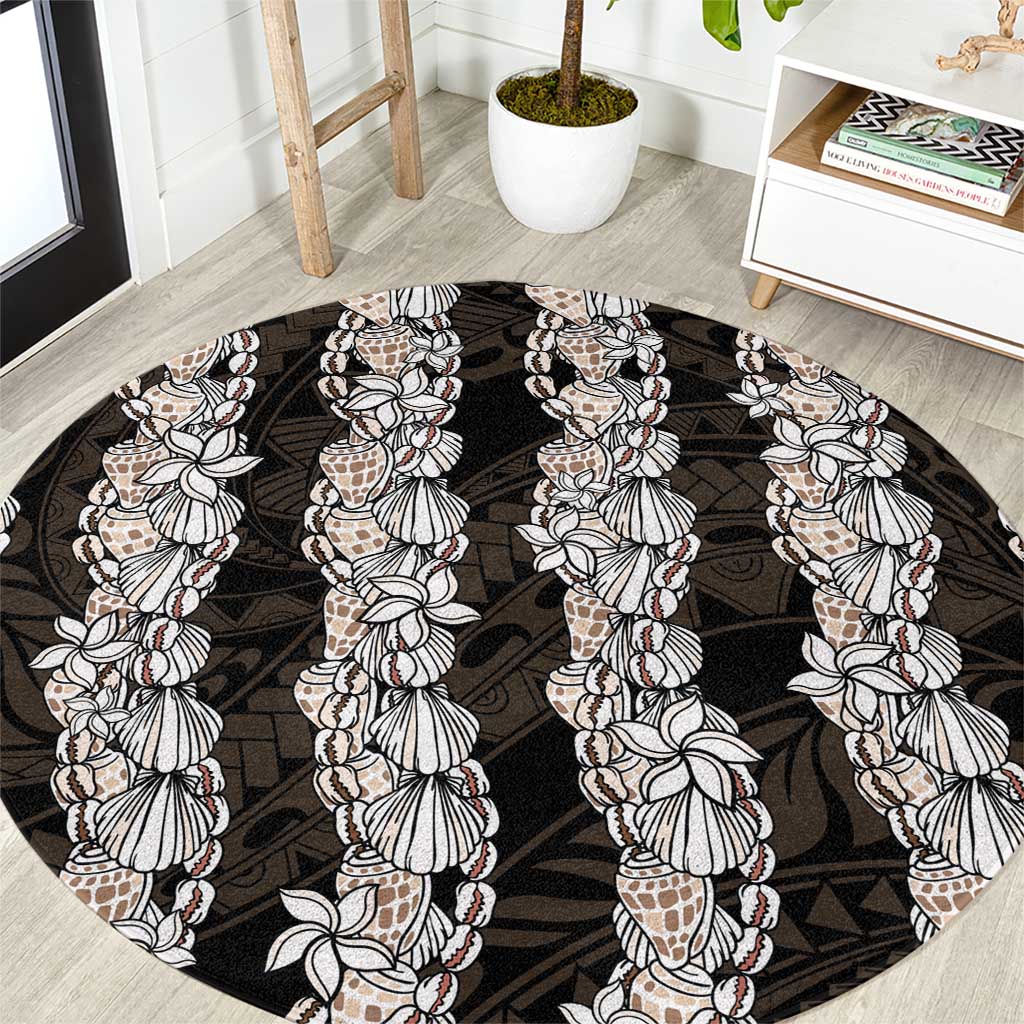 Black and Beige Hawaii Shell Lei Round Carpet Hawaiian Sunrise Shell Hebrew Cone Plumeria - Polynesian Pride