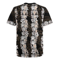 Black and Beige Hawaii Shell Lei Rugby Jersey Hawaiian Sunrise Shell Hebrew Cone Plumeria - Polynesian Pride