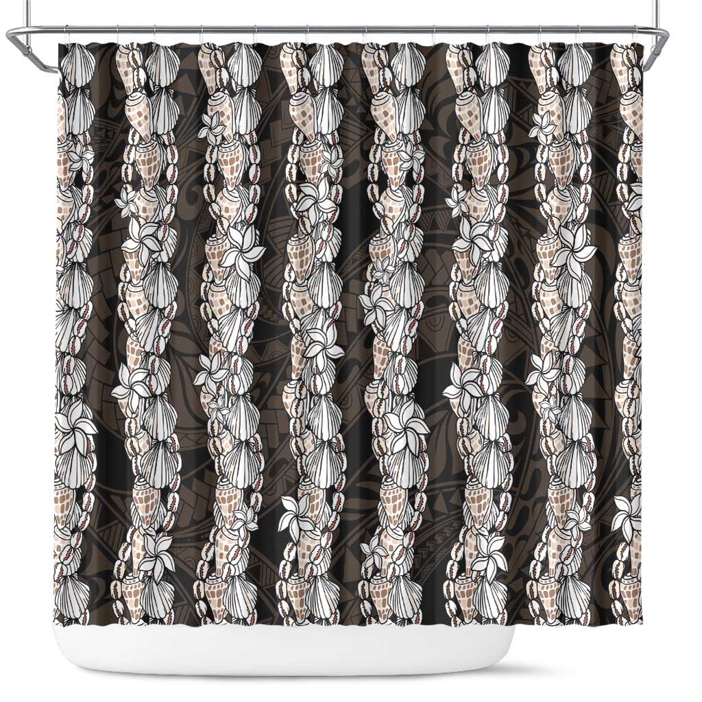 Black and Beige Hawaii Shell Lei Shower Curtain Hawaiian Sunrise Shell Hebrew Cone Plumeria - Polynesian Pride