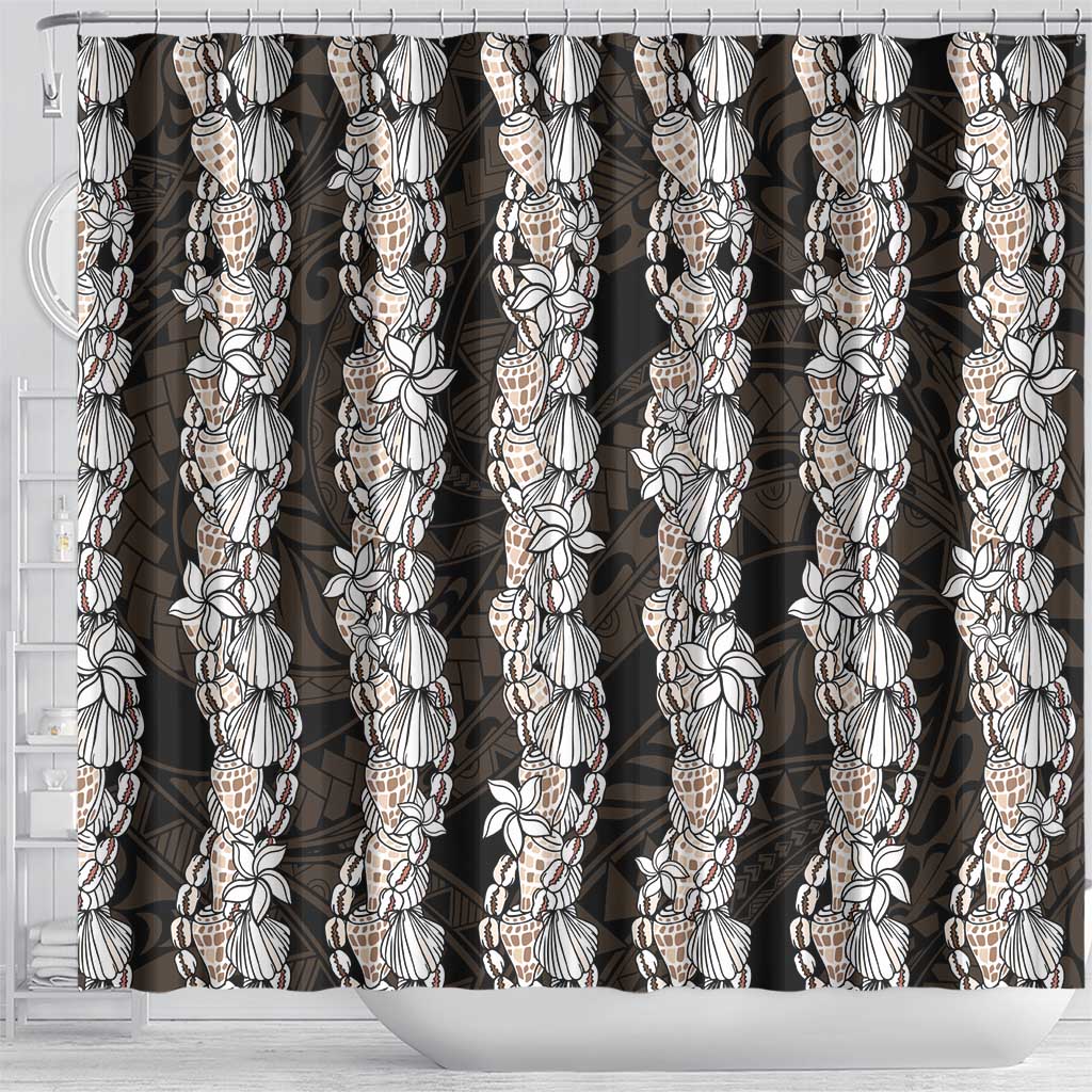Black and Beige Hawaii Shell Lei Shower Curtain Hawaiian Sunrise Shell Hebrew Cone Plumeria - Polynesian Pride