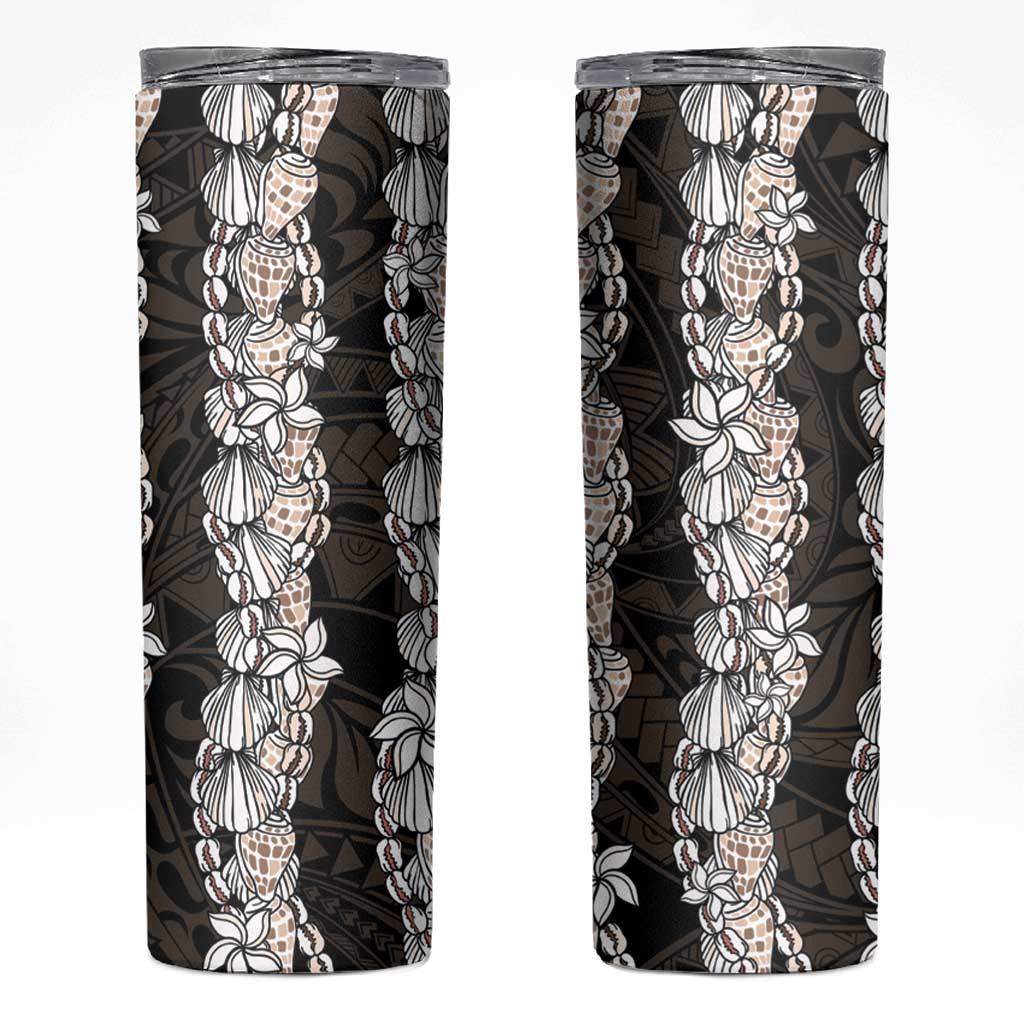 Black and Beige Hawaii Shell Lei Skinny Tumbler Hawaiian Sunrise Shell Hebrew Cone Plumeria - Polynesian Pride