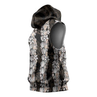 Black and Beige Hawaii Shell Lei Sleeveless Hoodie Hawaiian Sunrise Shell Hebrew Cone Plumeria - Polynesian Pride