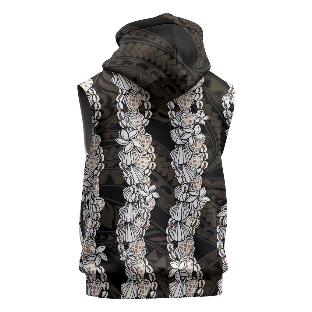 Black and Beige Hawaii Shell Lei Sleeveless Zip Hoodie Hawaiian Sunrise Shell Hebrew Cone Plumeria - Polynesian Pride