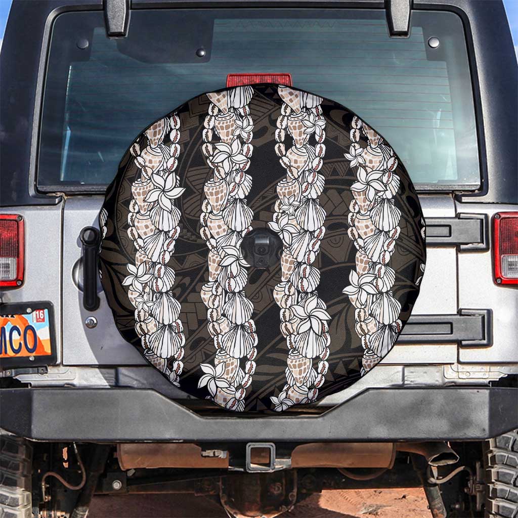 Black and Beige Hawaii Shell Lei Spare Tire Cover Hawaiian Sunrise Shell Hebrew Cone Plumeria - Polynesian Pride