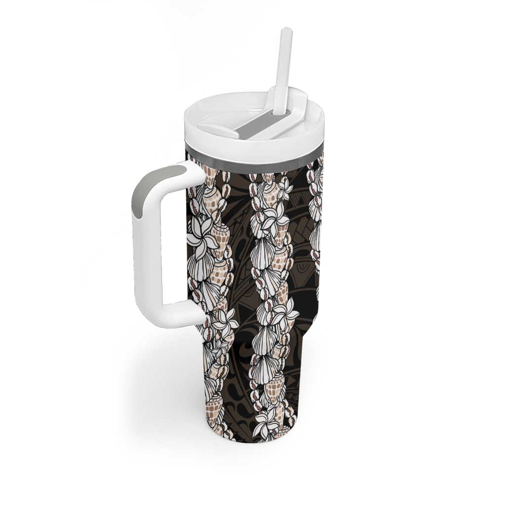 Black and Beige Hawaii Shell Lei Tumbler With Handle Hawaiian Sunrise Shell Hebrew Cone Plumeria - Polynesian Pride