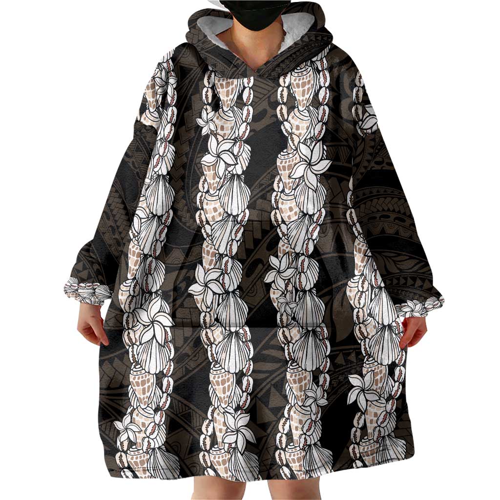 Black and Beige Hawaii Shell Lei Wearable Blanket Hoodie Hawaiian Sunrise Shell Hebrew Cone Plumeria - Polynesian Pride