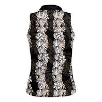 Black and Beige Hawaii Shell Lei Women Sleeveless Polo Shirt Hawaiian Sunrise Shell Hebrew Cone Plumeria - Polynesian Pride