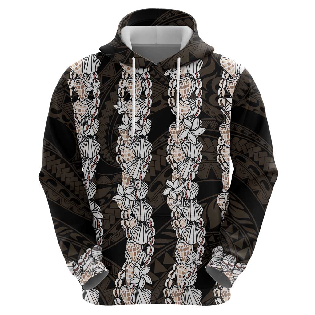 Black and Beige Hawaii Shell Lei Zip Hoodie Hawaiian Sunrise Shell Hebrew Cone Plumeria - Polynesian Pride